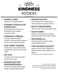 Kindness Kookies product menu with various cookie flavors listed.