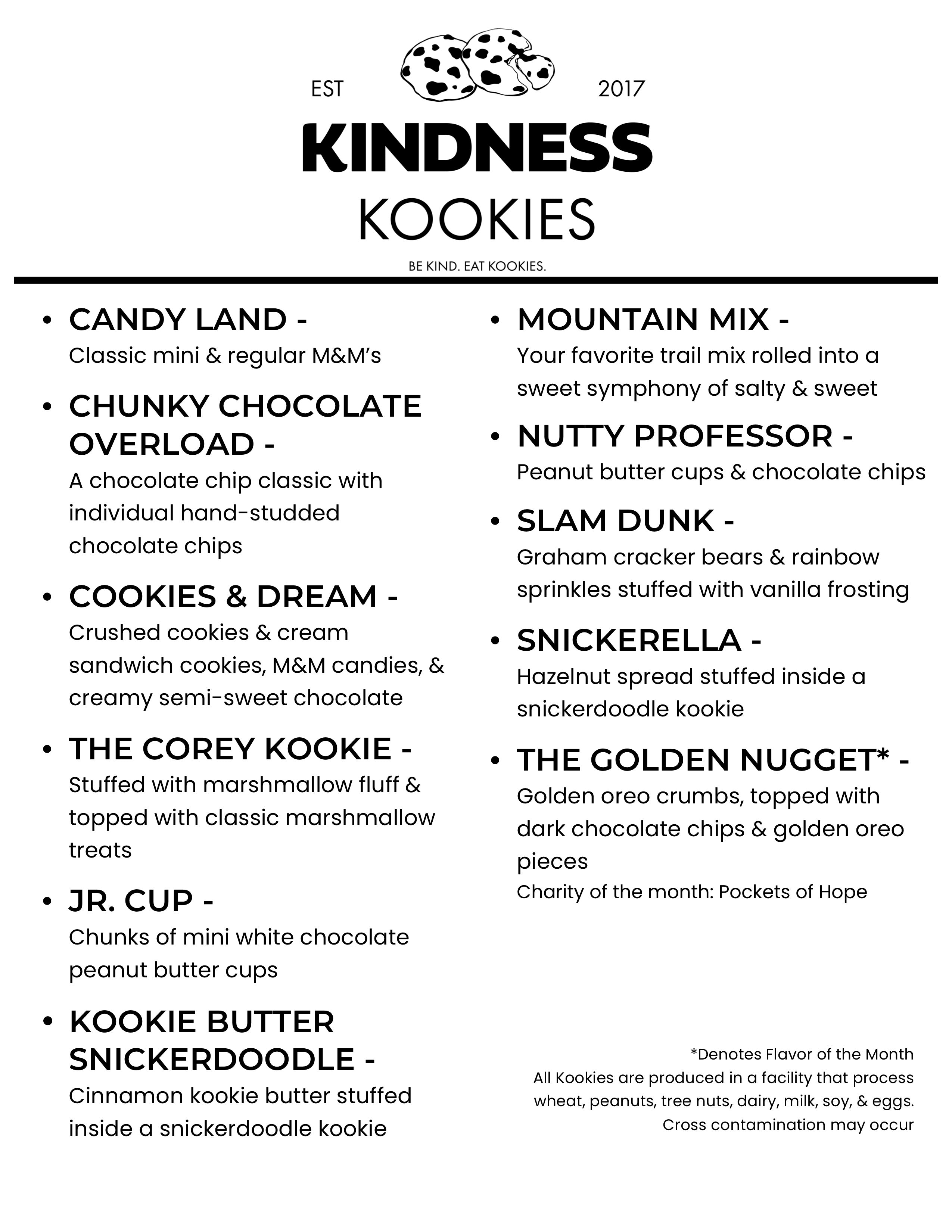 Kindness Kookies product menu with various cookie flavors listed.